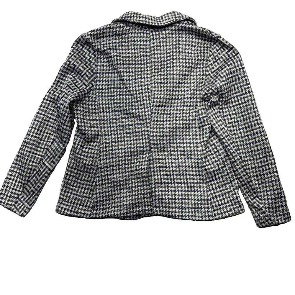 Lands’ End Knit Blazer M Petite Gray Houndstooth Blue Green One Button Career